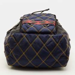 Pre Owned Prada Tessuto Navy Blue/Black Quilted Fabric and Leather Backpack