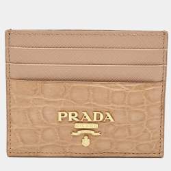 Pre Owned Prada Logo Beige Leather and Crocodile Card Holder