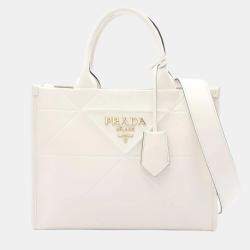 Pre Owned Prada Symbol Topstitched Soft Calf Leather Tote Bag White