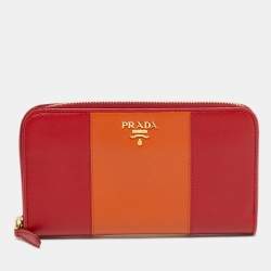Pre Owned Prada Red/Orange Saffiano Leather Zip Around Wallet