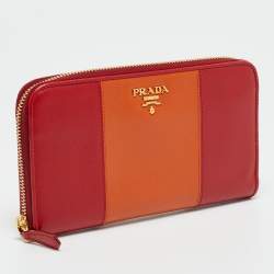 Pre Owned Prada Red/Orange Saffiano Leather Zip Around Wallet