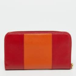 Pre Owned Prada Red/Orange Saffiano Leather Zip Around Wallet