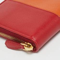 Pre Owned Prada Red/Orange Saffiano Leather Zip Around Wallet