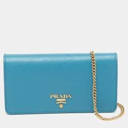 Pre Owned Prada Blue Logo Flap Saffiano Cuir Leather Wallet On Chain