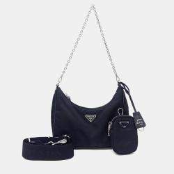 Pre Owned Prada Black Re-Nylon Tessuto Chain Strap Hobo Bag