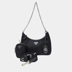 Pre Owned Prada Black Fabric Tessuto Chain Strap Hobo Bag