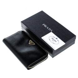 Pre Owned Prada Black Saffiano Vernic Leather Zip Around Wallet