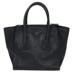 Pre Owned Prada Midnight Blue Glace Calfskin Leather Twin Pocket Double Handle Tote