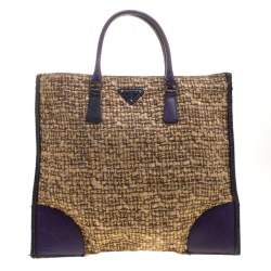 Pre Owned Prada Beige/Purple Tweed and Leather Flat Tote
