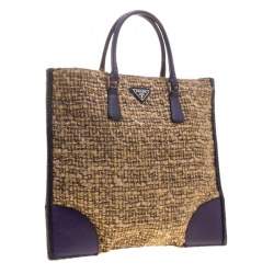 Pre Owned Prada Beige/Purple Tweed and Leather Flat Tote