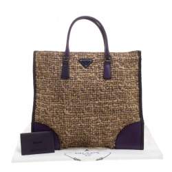 Pre Owned Prada Beige/Purple Tweed and Leather Flat Tote