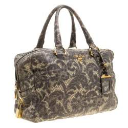 Pre Owned Prada Beige Talco Lace Print Cervo Leather Bowling Bag