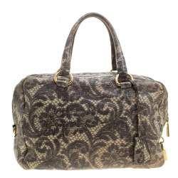 Pre Owned Prada Beige Talco Lace Print Cervo Leather Bowling Bag