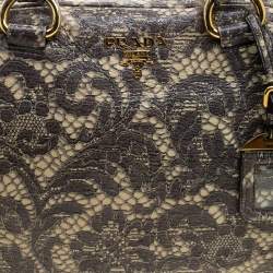 Pre Owned Prada Beige Talco Lace Print Cervo Leather Bowling Bag