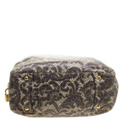 Pre Owned Prada Beige Talco Lace Print Cervo Leather Bowling Bag