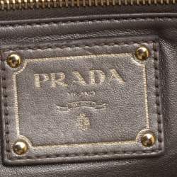 Pre Owned Prada Beige Talco Lace Print Cervo Leather Bowling Bag