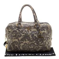 Pre Owned Prada Beige Talco Lace Print Cervo Leather Bowling Bag