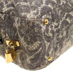 Pre Owned Prada Beige Talco Lace Print Cervo Leather Bowling Bag