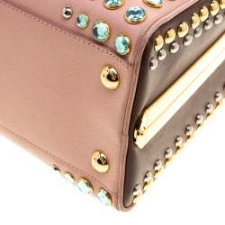 Pre Owned Prada Blush Pink/Burgundy Saffiano Lux Leather Pyramid Frame Top Handle Bag