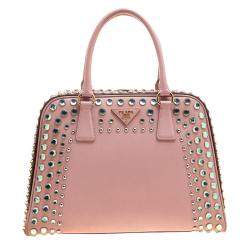 Pre Owned Prada Blush Pink/Burgundy Saffiano Lux Leather Pyramid Frame Top Handle Bag