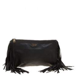 Pre Owned Prada Black Leather Fringe Clutch