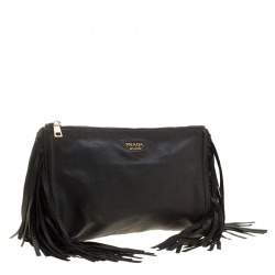 Pre Owned Prada Black Leather Fringe Clutch