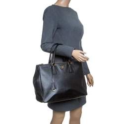 Pre Owned Prada Black Saffiano Lux Leather Large Double Zip Tote