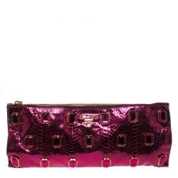 Pre Owned Prada Metallic Pink Python Whips Pietre Clutch