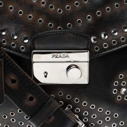 Pre Owned Prada Dark Brown Vitello Vintage Leather Eyelet Crystal Embellished Top Handle Bag