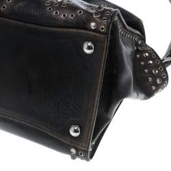 Prada Dark Brown Vitello Vintage Leather Eyelet Crystal Embellished Top Handle Bag