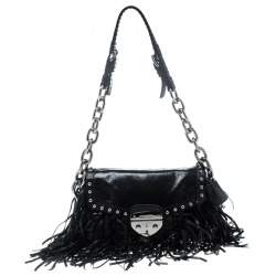 Pre Owned Prada Black Vitello Shine Leather Fringe Shoulder Bag