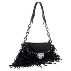 Pre Owned Prada Black Vitello Shine Leather Fringe Shoulder Bag