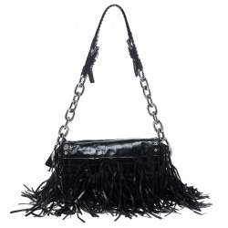 Pre Owned Prada Black Vitello Shine Leather Fringe Shoulder Bag