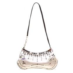 Pre Owned Prada Light Beige Satin Embroidered Shoulder Bag