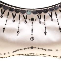 Pre Owned Prada Light Beige Satin Embroidered Shoulder Bag
