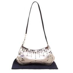 Pre Owned Prada Light Beige Satin Embroidered Shoulder Bag