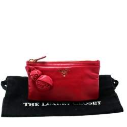 Pre Owned Prada Pink Leather Rose Applique Clutch