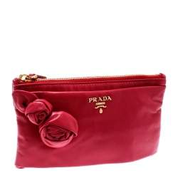 Pre Owned Prada Pink Leather Rose Applique Clutch