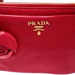 Pre Owned Prada Pink Leather Rose Applique Clutch