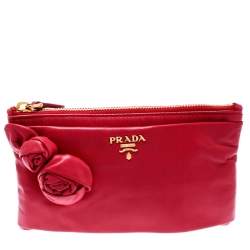 Pre Owned Prada Pink Leather Rose Applique Clutch