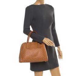 Pre Owned Prada Brown Ostrich Pyramid Frame Top Handle Bag