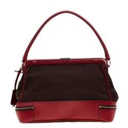 Pre Owned Prada Dark Brown/Leather Canvas and Leather Cerniera Frame Satchel