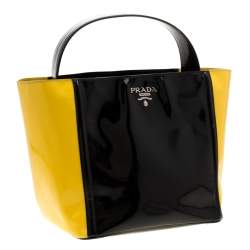Pre Owned Prada Black/Yellow Patent Leather Top Handle Bag
