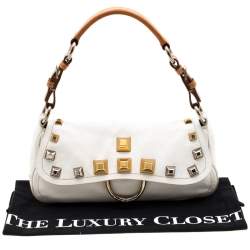 Pre Owned Prada White/Tan Leather Studded Shoulder Bag