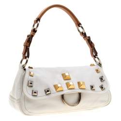 Pre Owned Prada White/Tan Leather Studded Shoulder Bag