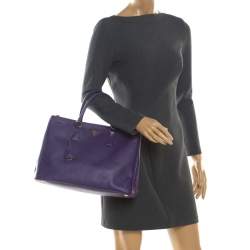 Pre Owned Prada Purple Saffiano Lux Leather Large Double Zip Tote