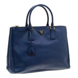 Pre Owned Prada Blue Saffiano Lux Leather Medium Double Zip Tote