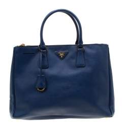 Pre Owned Prada Blue Saffiano Lux Leather Medium Double Zip Tote