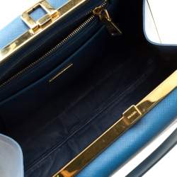 Pre Owned Prada Two Tone Blue Saffiano Leather Frame Top Handle Bag