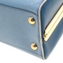 Pre Owned Prada Two Tone Blue Saffiano Leather Frame Top Handle Bag